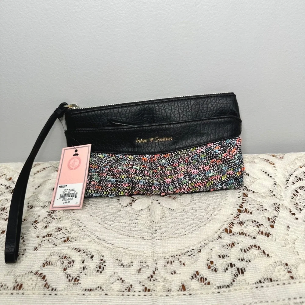 NWT Juicy Couture Wristlet Clutch Colorful Tweed Black Leather‎